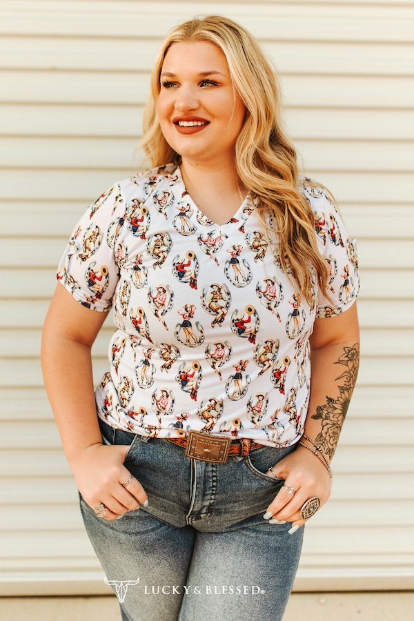 Whiskey Black & Co Lucky & Blessed Cowgirl Pinup Printed Short-Sleeve Top — top product shot