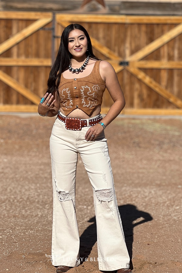 Lucky & Blessed IVORY HIGH RISE DISTRESSED BOOTCUT JEANS PLUS SIZE (33.5IN INSEAM)