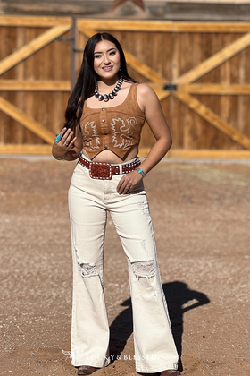 Lucky & Blessed IVORY HIGH RISE DISTRESSED BOOTCUT JEANS PLUS SIZE (33.5IN INSEAM)
