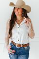 Lucky & Blessed Ivory Western Yoke Button Down Cactus Embroidered Mesh Sleeves Plus Size