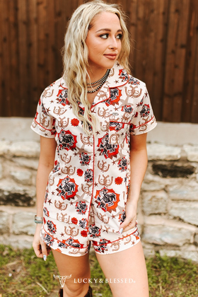 Lucky & Blessed ROSE COWBOY PRINTED BUTTON DOWN SHORTS SET PLUS SIZE