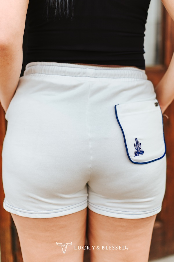 Lucky & Blessed WHITE BLUE CACTUS EMBROIDERED DRAWSTRING SHORTS PLUS SIZE