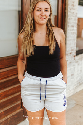 Lucky & Blessed WHITE BLUE CACTUS EMBROIDERED DRAWSTRING SHORTS PLUS SIZE