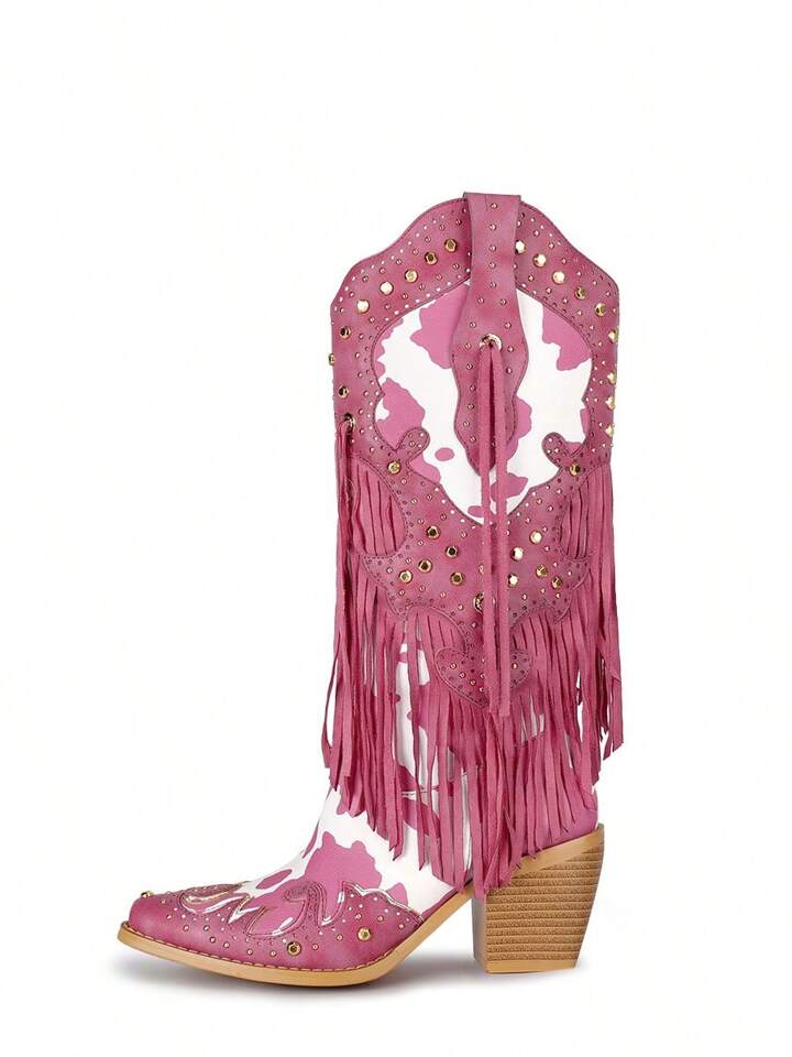 WETKISS Cowboy Boots For Women Animal Print Fringe Knee High Cowgirl Boots Western Boots With Pointed Toe And Chunky Heel size 10