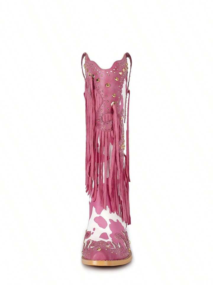 WETKISS Cowboy Boots For Women Animal Print Fringe Knee High Cowgirl Boots Western Boots With Pointed Toe And Chunky Heel size 10
