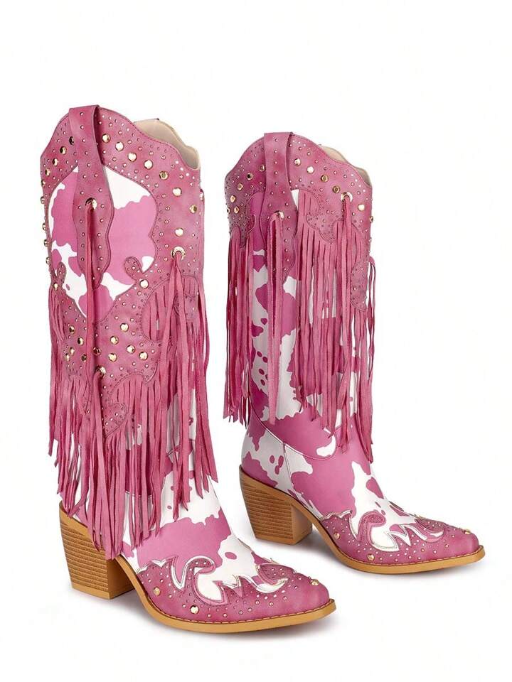 WETKISS Cowboy Boots For Women Animal Print Fringe Knee High Cowgirl Boots Western Boots With Pointed Toe And Chunky Heel size 10