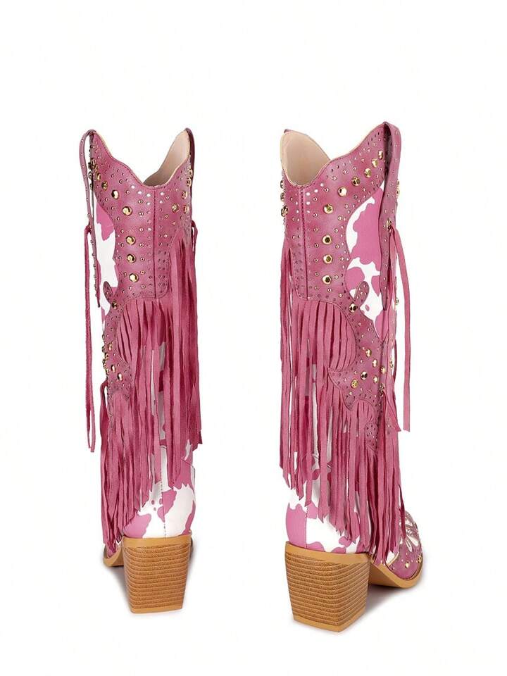 WETKISS Cowboy Boots For Women Animal Print Fringe Knee High Cowgirl Boots Western Boots With Pointed Toe And Chunky Heel size 10