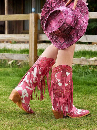 WETKISS Cowboy Boots For Women Animal Print Fringe Knee High Cowgirl Boots Western Boots With Pointed Toe And Chunky Heel size 10
