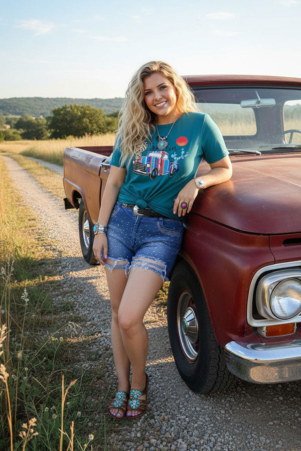 "KEEP ON TRUCKIN" teal short sleeve women t-shirt