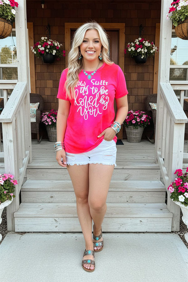 "HOW SWEET IT'S TO BE LOVED BY YOU"words printed short sleeve women fuchsia tops