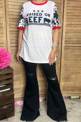 RAISED ON BEEF printed short sleeve women top