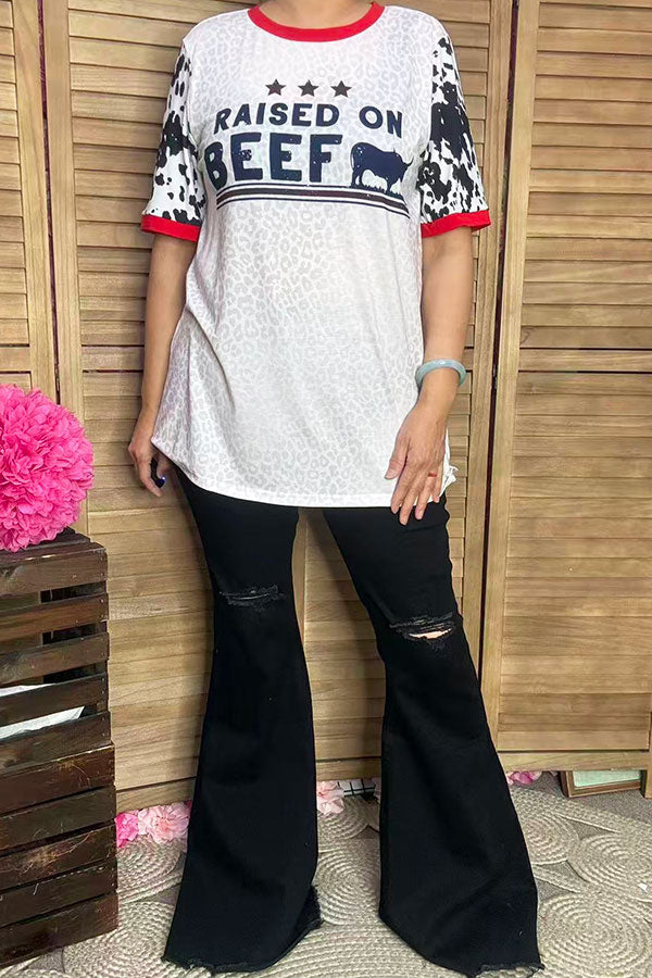 RAISED ON BEEF printed short sleeve women top