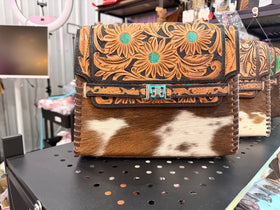SUNFLOWER TOOLED LEATHER & COWHIDE SHOULDER BAG
