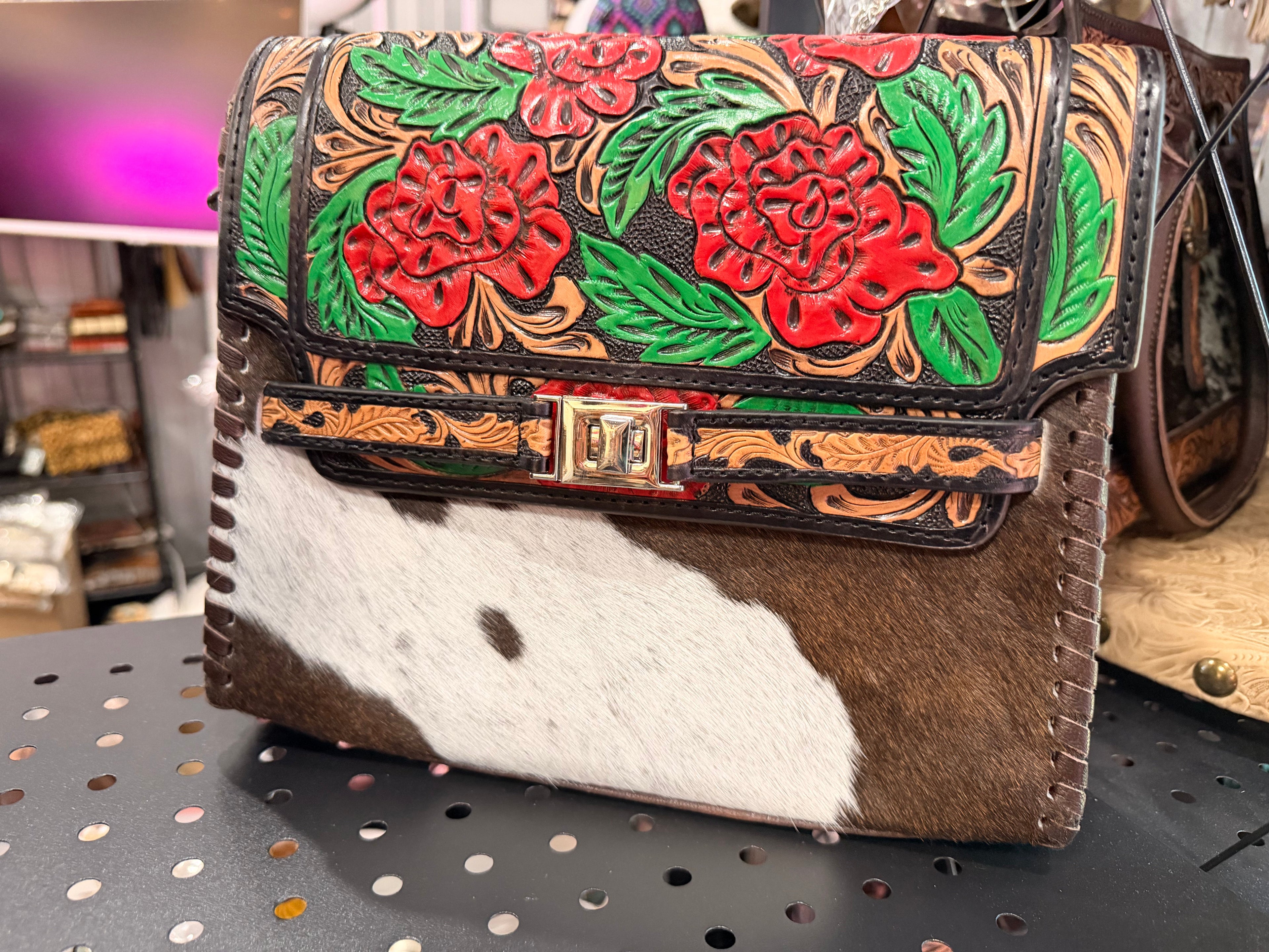 ROSES TOOLED LEATHER & COWHIDE SHOULDER BAG