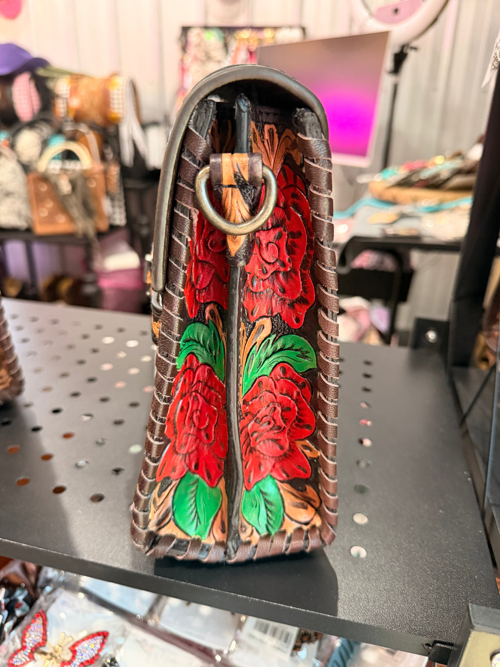 ROSES TOOLED LEATHER & COWHIDE SHOULDER BAG