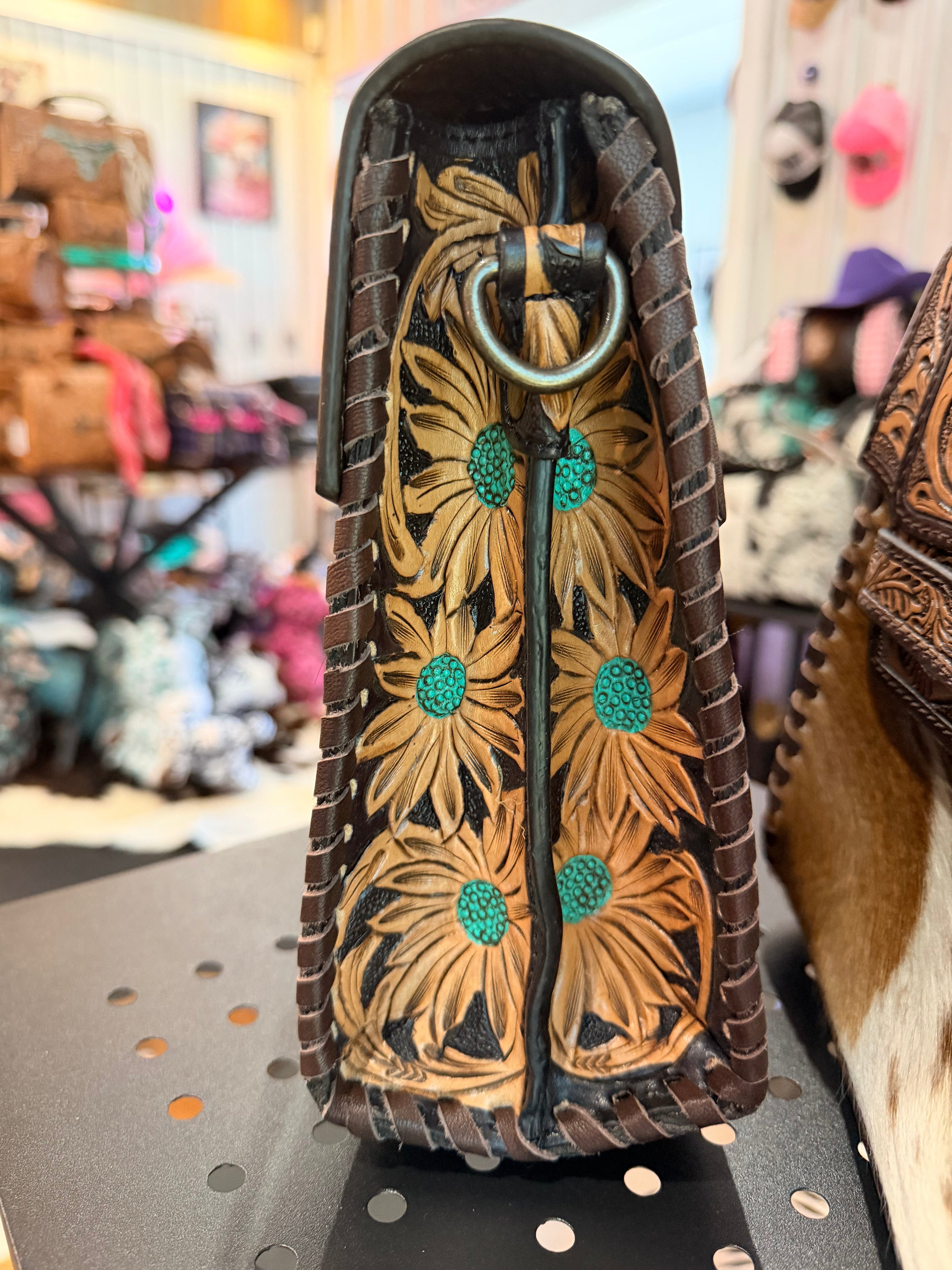 SUNFLOWER TOOLED LEATHER & COWHIDE SHOULDER BAG