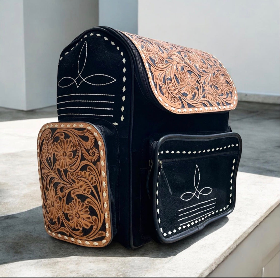 BLACK SUEDE BOOTSTITCH BACKPACK
