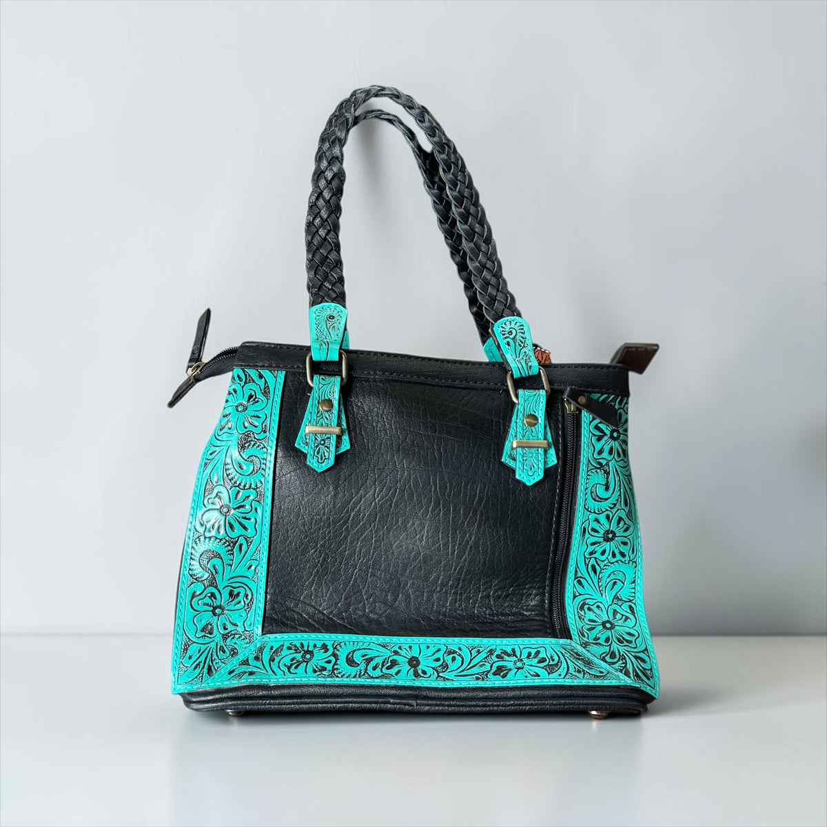 TURQUOISE TOOLED LEATHER & COWHIDE SHOULDER BAG
