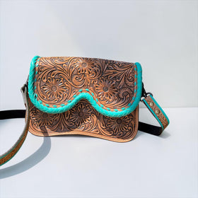 TAN/TURQUOISE TOOLED LEATHER CROSSBODY BAG
