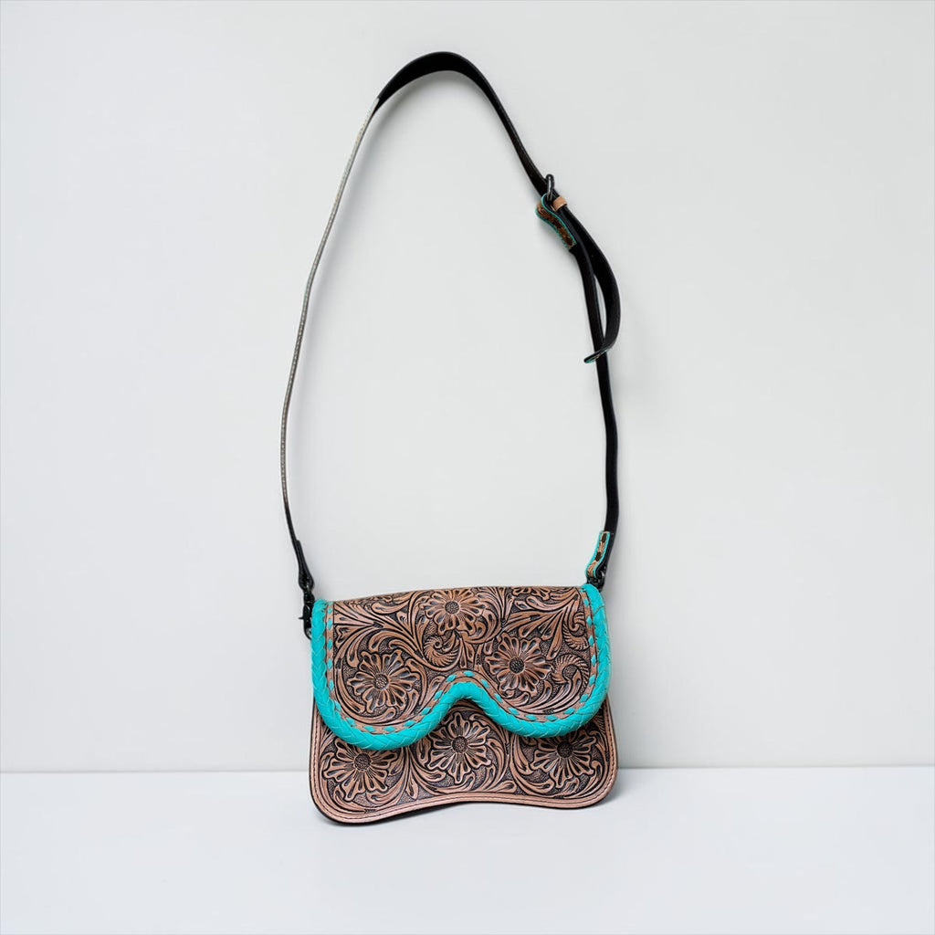 TAN/TURQUOISE TOOLED LEATHER CROSSBODY BAG