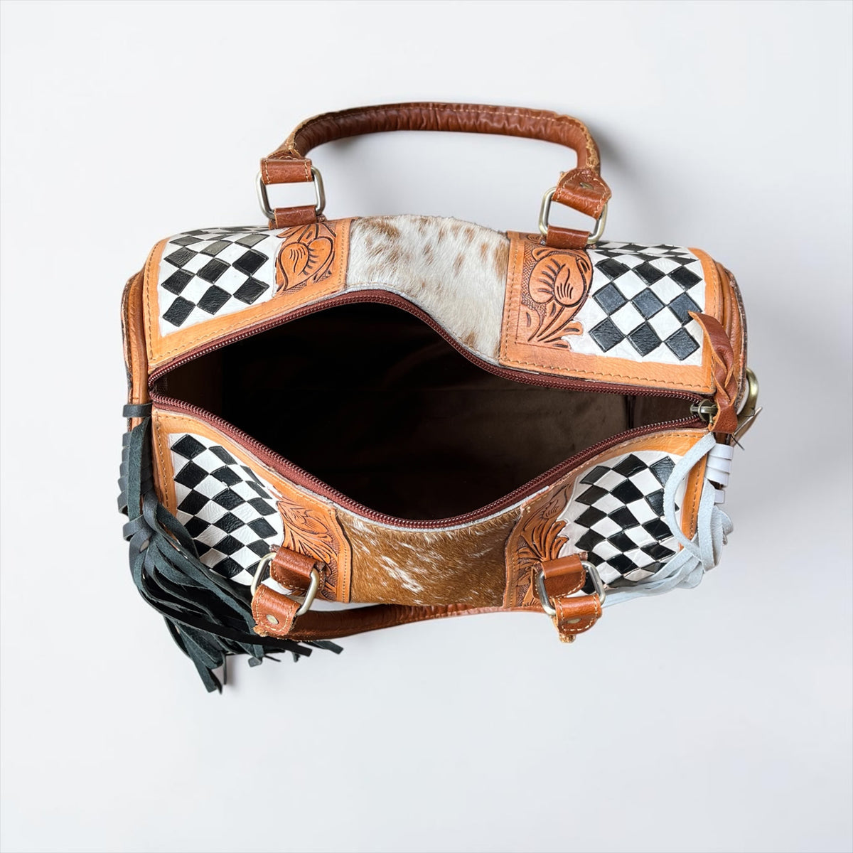 TAN/WHITE CHECKER SPEEDY BAG