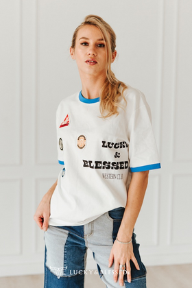 Lucky & Blessed WHITE OVERSIZE WESTERN PATCH T-SHIRT PLUS SIZE