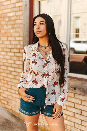 Lucky & Blessed CREAM HORSE CHIFFON BUTTON DOWN PEARL SNAP LONG SLEEVE COLLARED SHIRT PLUS SIZE