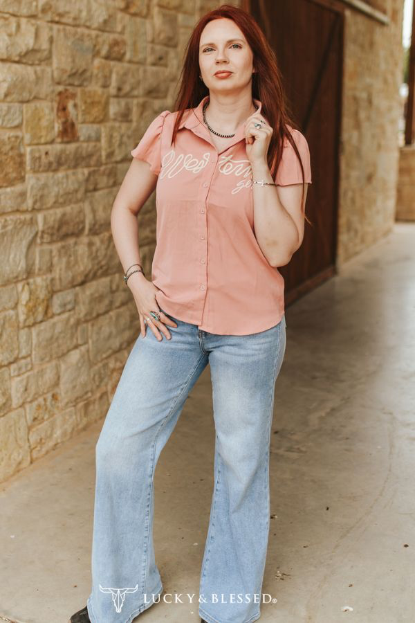 Lucky & Blessed LIGHT PINK WESTERN GIRL ROPE EMBROIDERED PUFF SHORT SLEEVE TOP PLUS SIZE
