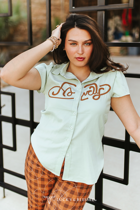 Lucky & Blessed PISTACHIO HOWDY ROPE EMBROIDERED SHORT SLEEVE WESTERN SHIRT PLUS SIZE