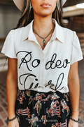 Lucky & Blessed IVORY RODEO GIRL ROPE EMBROIDERED BUTTON DOWN PUFF SHORT SLEEVE TOP PLUS SIZE