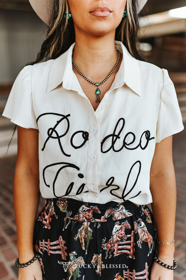 Lucky & Blessed IVORY RODEO GIRL ROPE EMBROIDERED BUTTON DOWN PUFF SHORT SLEEVE TOP PLUS SIZE
