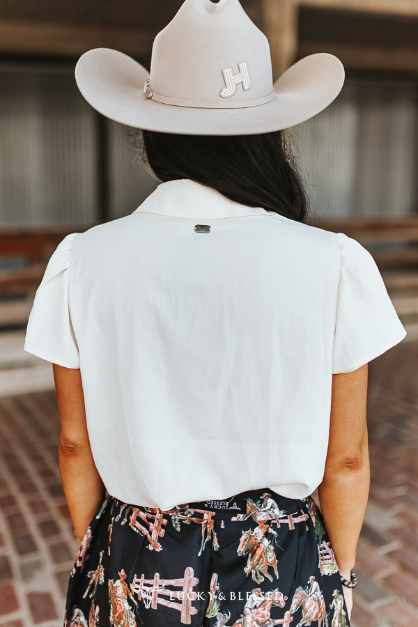 Lucky & Blessed IVORY RODEO GIRL ROPE EMBROIDERED BUTTON DOWN PUFF SHORT SLEEVE TOP PLUS SIZE