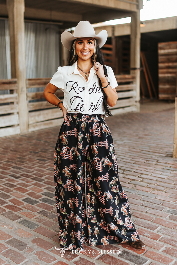 Lucky & Blessed IVORY RODEO GIRL ROPE EMBROIDERED BUTTON DOWN PUFF SHORT SLEEVE TOP PLUS SIZE