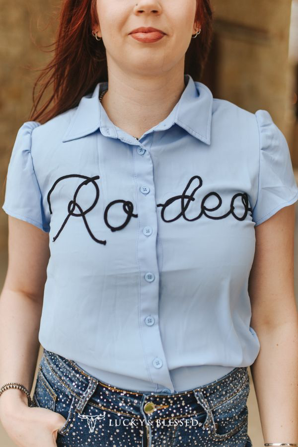 Lucky & Blessed LIGHT BLUE RODEO ROPE EMBROIDERED BUTTON DOWN PUFF SHORT SLEEVE TOP PLUS SIZE