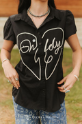Lucky & Blessed BLACK GIDDY UP ROPE EMBROIDERED BUTTON DOWN PUFF SHORT SLEEVE TOP
