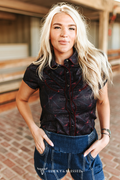 Lucky & Blessed BLACK HORSE SHOE WESTERN CONTRAST ARROW PEARL SNAP PUFF SLEEVE TOP PLUS SIZE