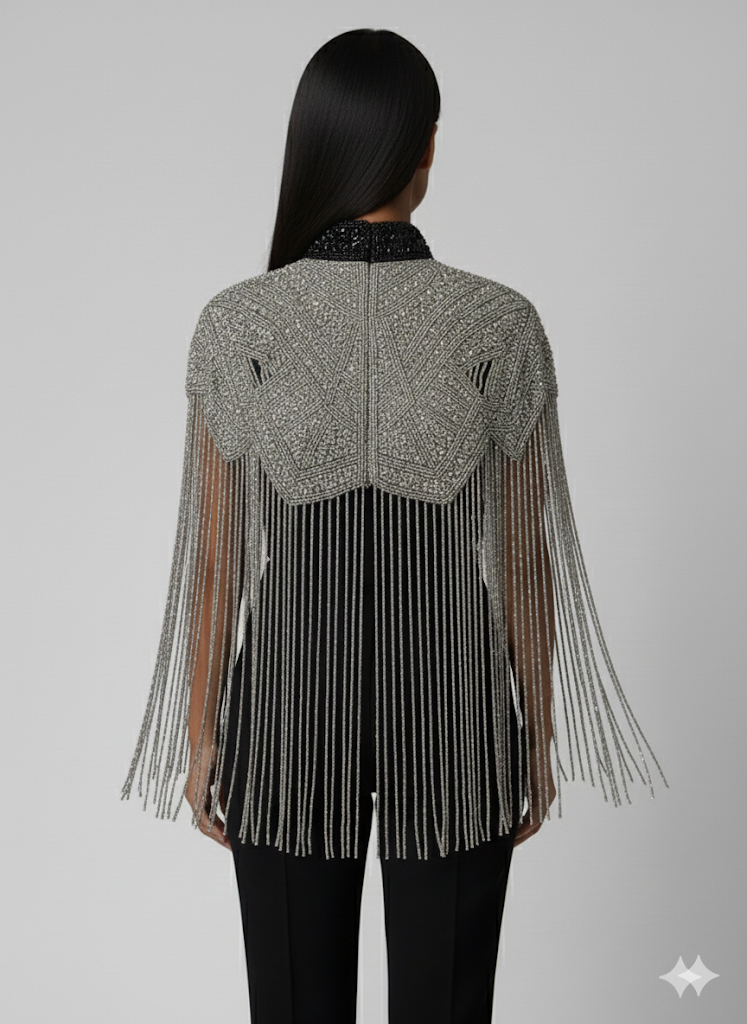 L'Jai Amor Liquid Steel Cape — detail close-up