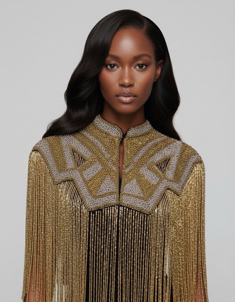 L'Jai Amor Golden Line Cape — detail close-up