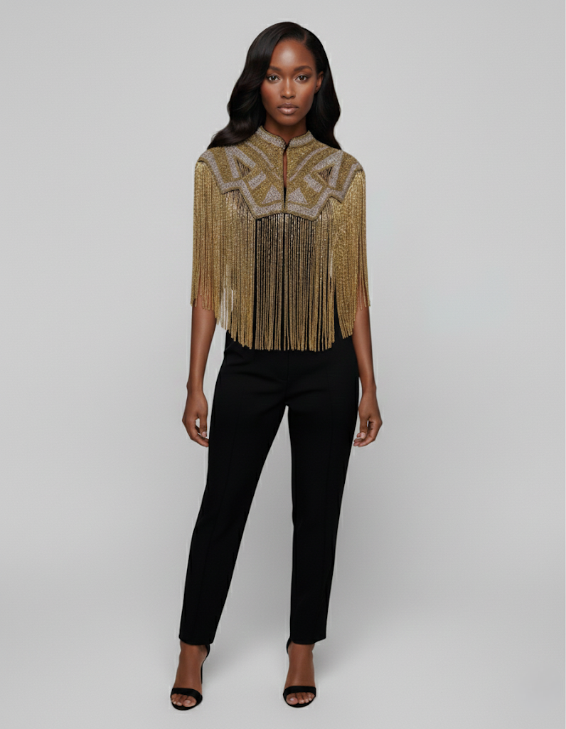 L'Jai Amor Golden Line Cape — lifestyle context