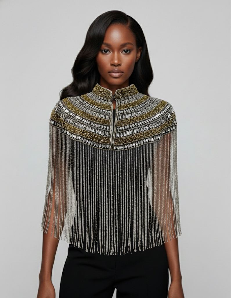 L'Jai Amor Metallic Horizon Cape — detail close-up