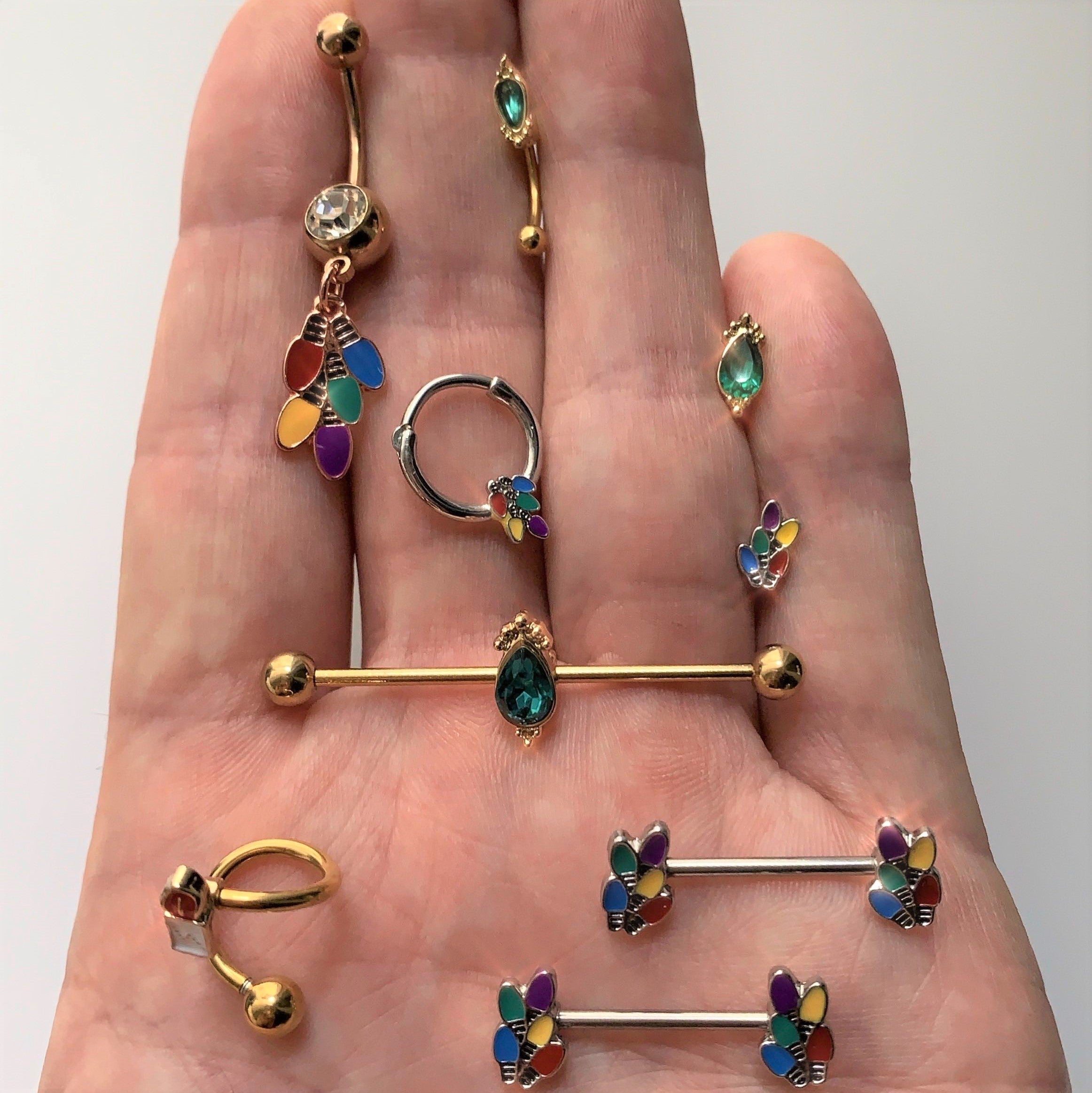 BodyCandy 14G Green Gem Gold Tone Regal Drop Industrial Barbell 38mm — side view