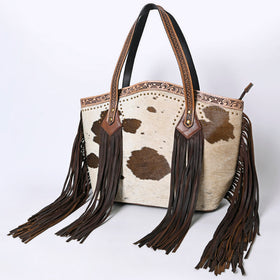 American Darling Tote Bag, Hair-On Cowhide Western Leather Purse with Fringes, Handcrafted, 13in (H) X 19.5in (W) X 7in (D)