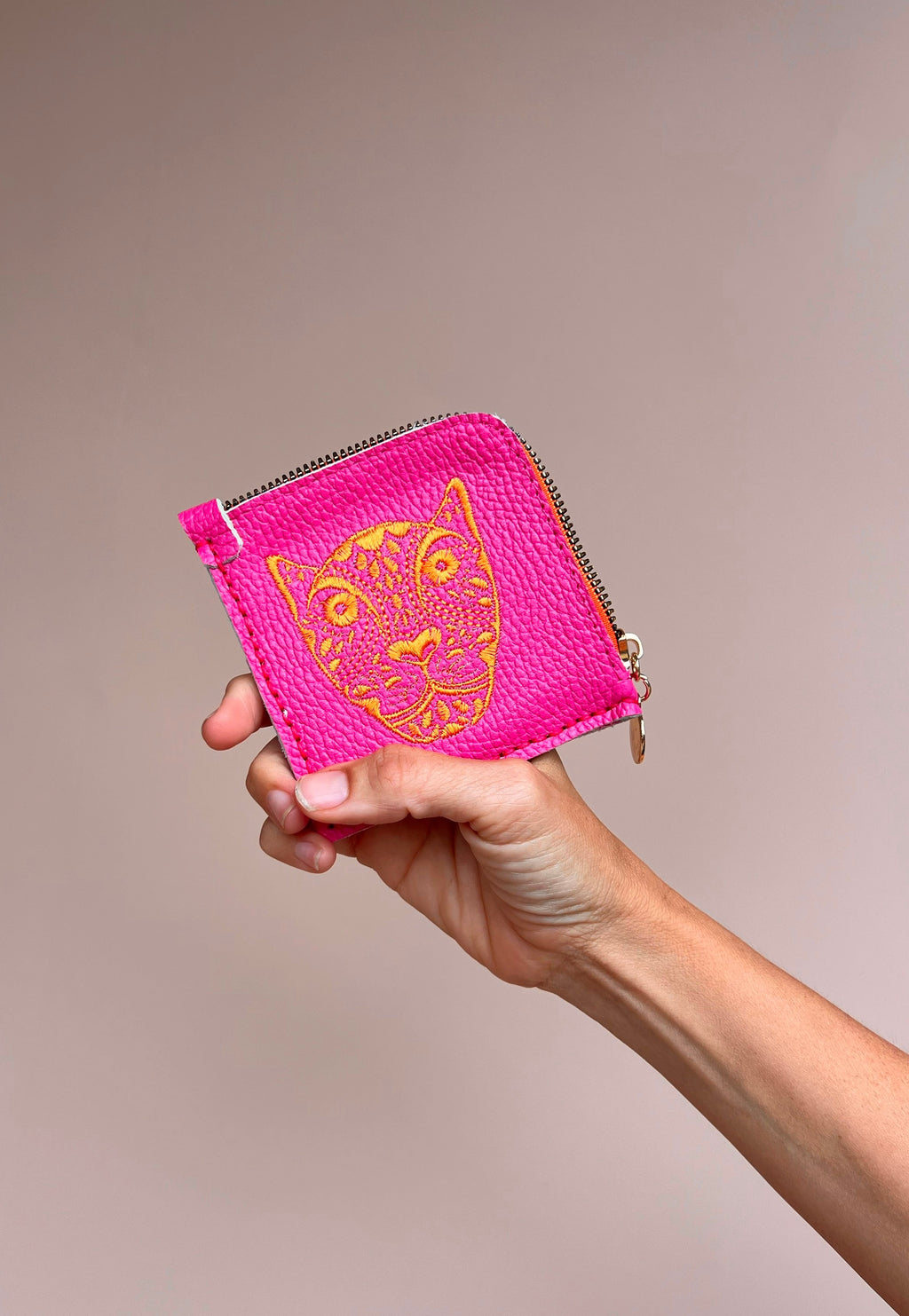 LOLA Y TULA Jaguar Embroidered Zip Around Wallet Hot Pink With Orange — main product shot