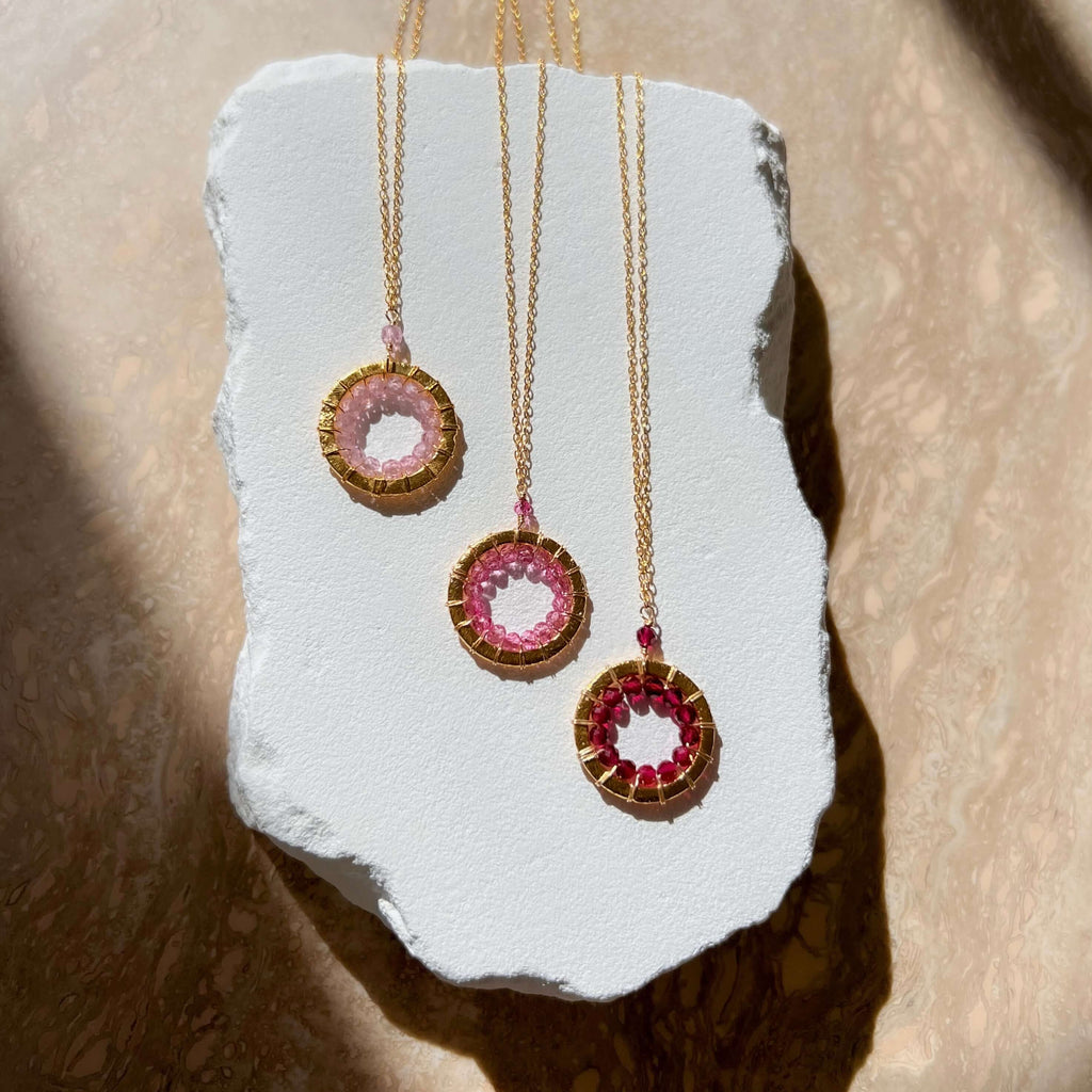 PARKEN JEWELRY Rose Quartz, Pink Tourmaline and Ruby Quartz Halo Mini Gold Pendants — detail close-up