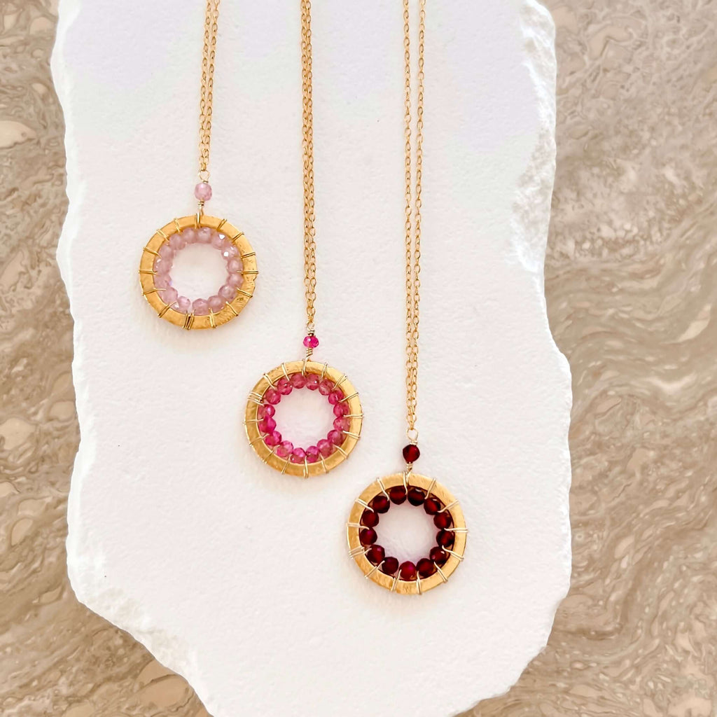 PARKEN JEWELRY Rose Quartz, Pink Tourmaline and Ruby Quartz Halo Mini Gold Pendants — main product shot
