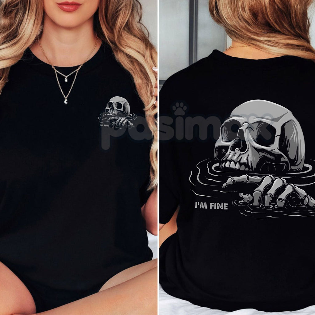 Pasimax "I'M FINE" Drowning Skull Black Print T-Shirt - Gothic Humor Graphic Tee, Sarcastic Men's Apparel, Dark Aesthetic Sku