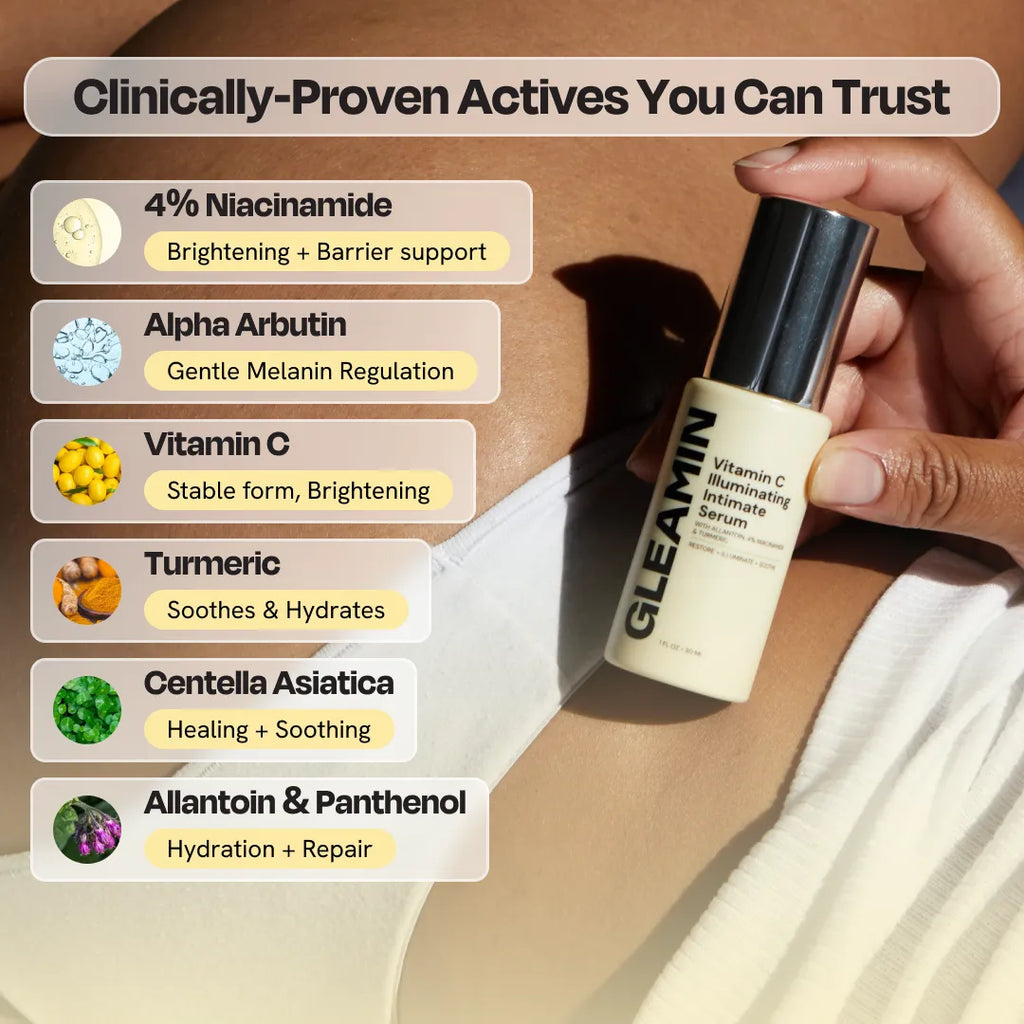 Gleamin Illuminating Intimate Serum — before-and-after brightening