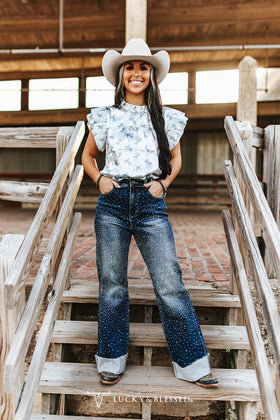 Lucky & Blessed Dark Wash Stretch Denim Rhinestone Detail Cuffed Wide Leg Jeans Plus Size (30in Inseam)