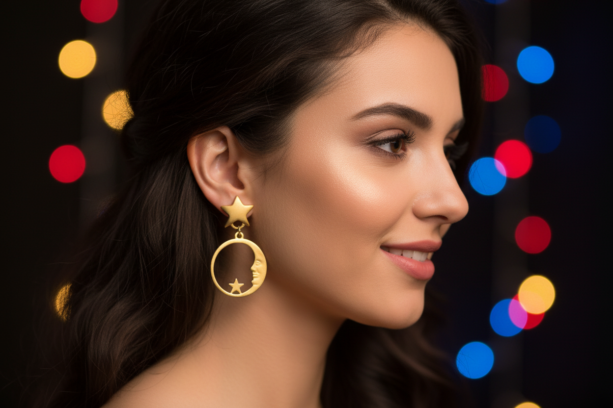 Just Neat Stuff Celestial Gold Moon face with stars Earrings — main product shot