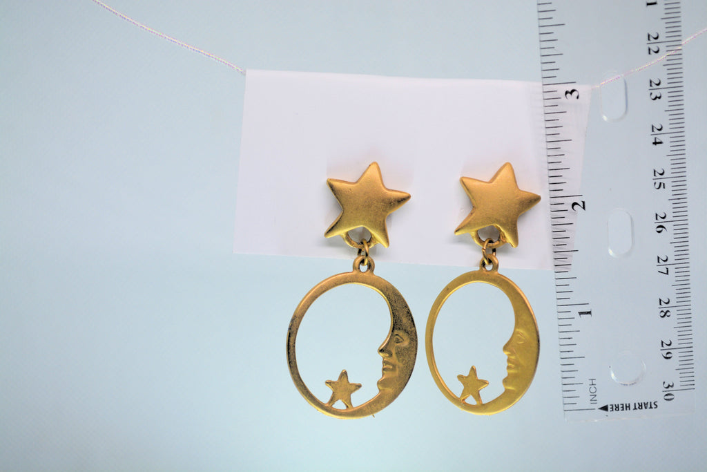 Just Neat Stuff Celestial Gold Moon face with stars Earrings — side view